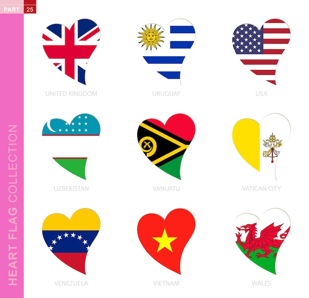 Сollection Of Flags In The Shape Of Heart 9 심장 아이콘 국가의 국기와 함께 영국 우루과이 미국 우즈베키스탄 바누아투 바티칸 시티 베네수엘라 베트남 웨일즈