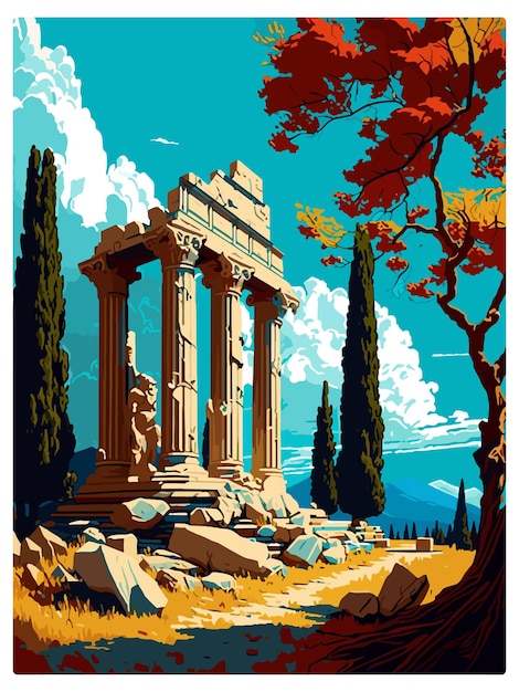 Vector olympia greece decoration vintage travel poster souvenir postcard portrait painting wpa illustration