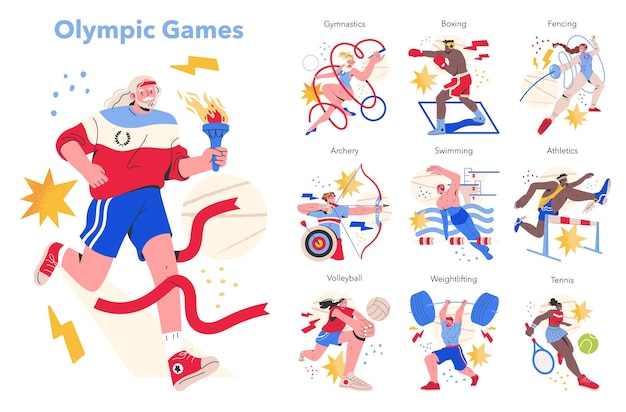 ボクシングから水泳までの様々なスポーツを展示するオリンピックコンセプトのダイナミックなイラスト