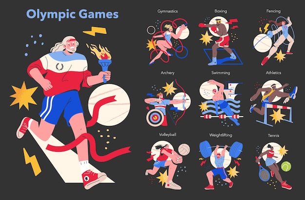 オリンピックのコンセプト - 様々なスポーツで競争するスポーツ選手の活発な集まり