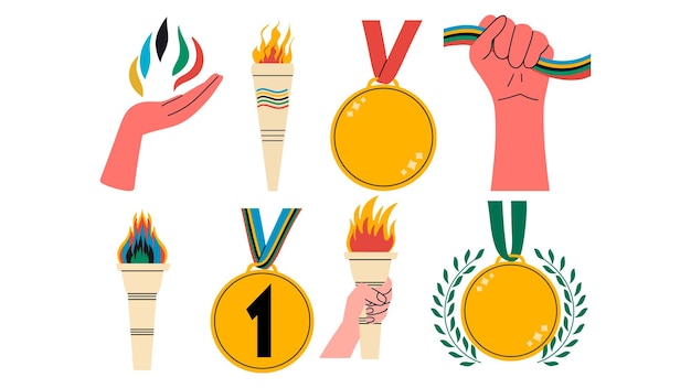 Vector olympic games vector set in flat style the 2024 summer olympics medal torch fire