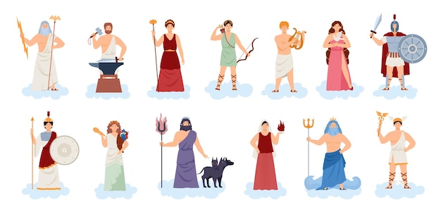 Olympic greek or roman gods and goddesses flat vector illustration isolated