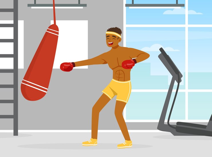 Vector olympic sport with man kicking punching bag with gloves boxing vector illustration