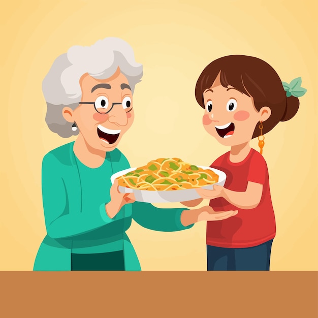 Oma presenteert een bord pasta aan haar kleindochter Cartoon Vector