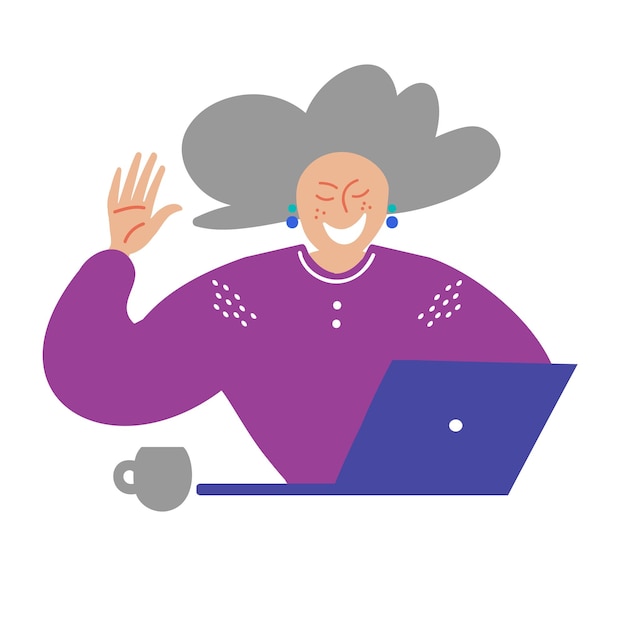 Vector oma zit met laptop een oudere vrouw gebruikt een computer