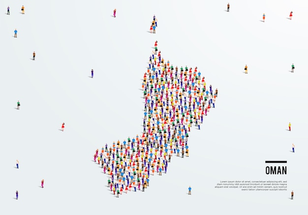 Omaanse kaart. Een grote groep mensen vormt zich om een vorm van de Oman-kaart te maken. vectorillustratie.