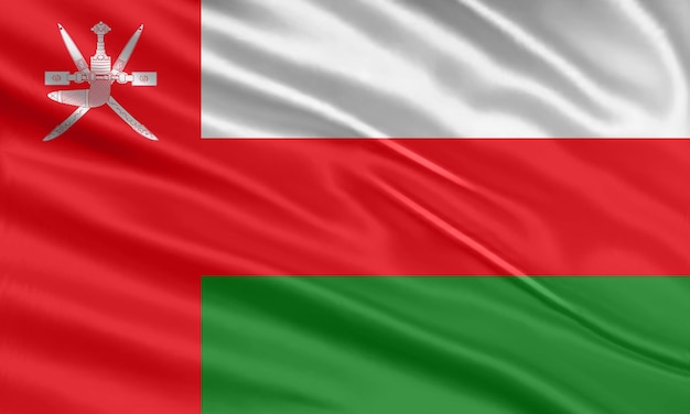 Oman flag design. Waving Omani flag made of satin or silk fabric. Vector Illustration.