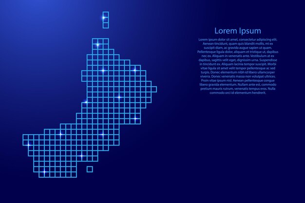 Oman-kaartsilhouet van blauwe vierkanten van de mozaïekstructuur en gloeiende sterren. Vector illustratie.