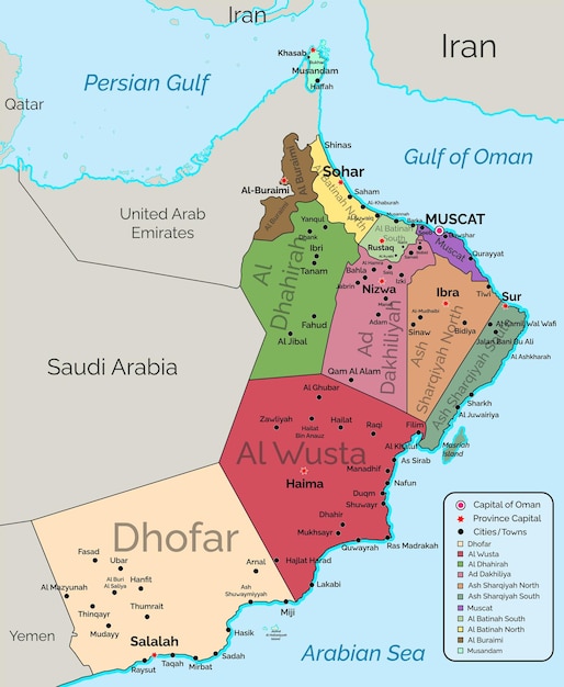 Oman map vector with 11 governorates provinces major cities towns and capitals