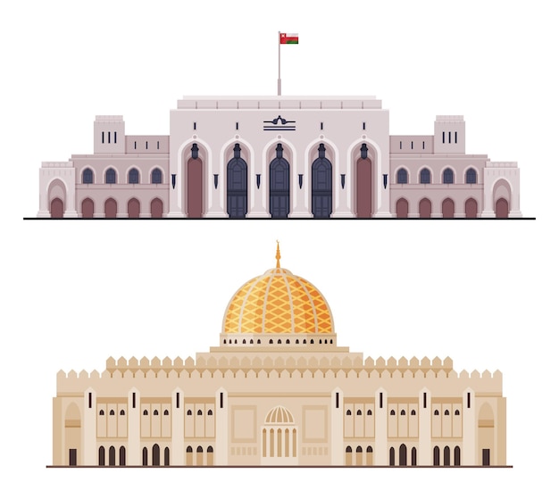 Oman Muscat City Historisch gebouw en bezienswaardigheden met koepel en vlag vector set