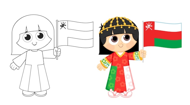 Vettore celebrazione della festa nazionale dell'oman il 18 novembre fumetto illustrazione vettoriale colorare attività