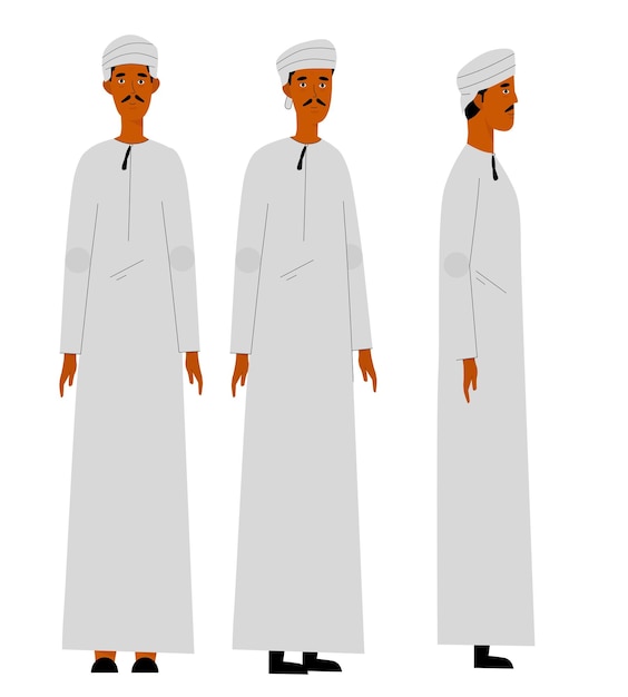 Omani_Arab man karakter illustraties_verschillende weergaven in plat vectorontwerp klaar voor animatie