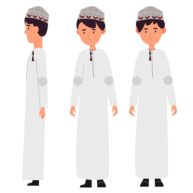 Omani boy character illustrations from different views in flat vector design ready for animation