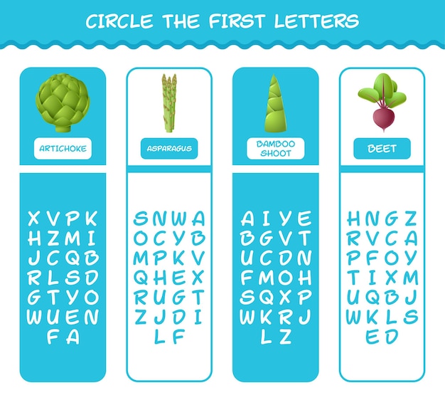 Vector omcirkel de eerste letters van cartoongroenten. bijpassend spel. educatief spel voor kinderen en peuters van voor de schooljaren
