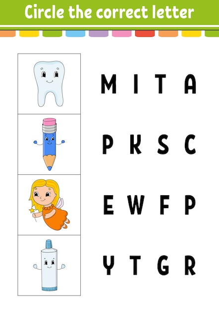 Omcirkel de juiste letter. Onderwijs ontwikkelen werkblad. Leerspel voor kinderen.