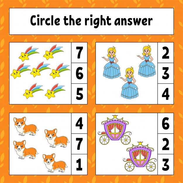 Omcirkel het juiste antwoord. onderwijs ontwikkelen werkblad. activiteitenpagina met afbeeldingen.