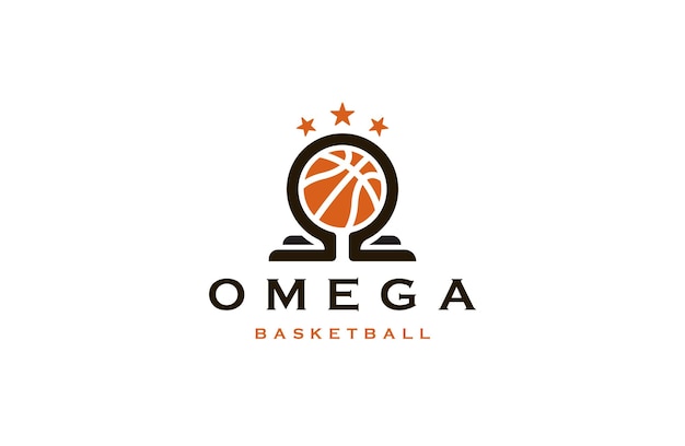 Vettore piatto del modello di progettazione dell'icona del logo di pallacanestro omega