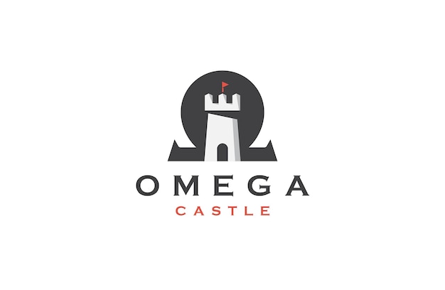 Simbolo omega con illustrazione vettoriale piatta del modello di progettazione dell'icona del logo a forma di castello
