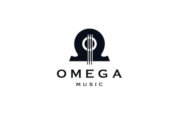 Simbolo omega con forma di chitarra, illustrazione vettoriale piatta del modello di disegno dell'icona del logo musicale omega