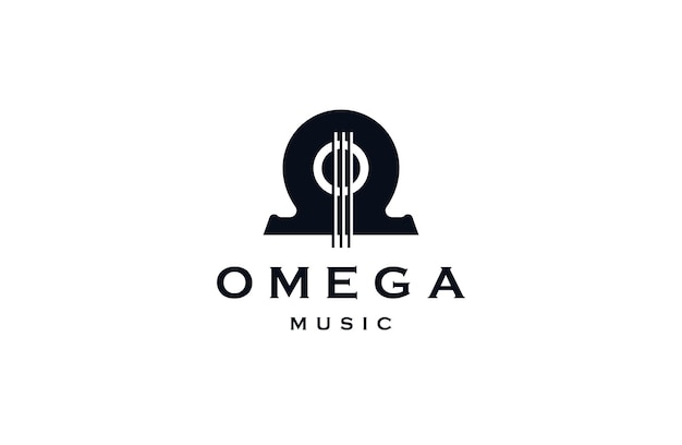 Omega symbol with guitar shape,  omega music logo icon design template  flat vector illustration