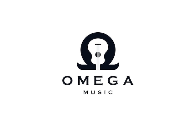 Omega symbol with guitar shape,  omega music logo icon design template  flat vector illustration