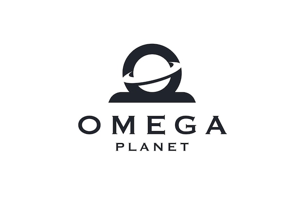 Omega symbol with planet shape logo icon design template flat vector illustration