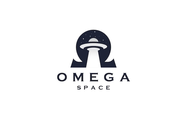 Omega symbol with ufo space shape logo icon design template flat vector illustration