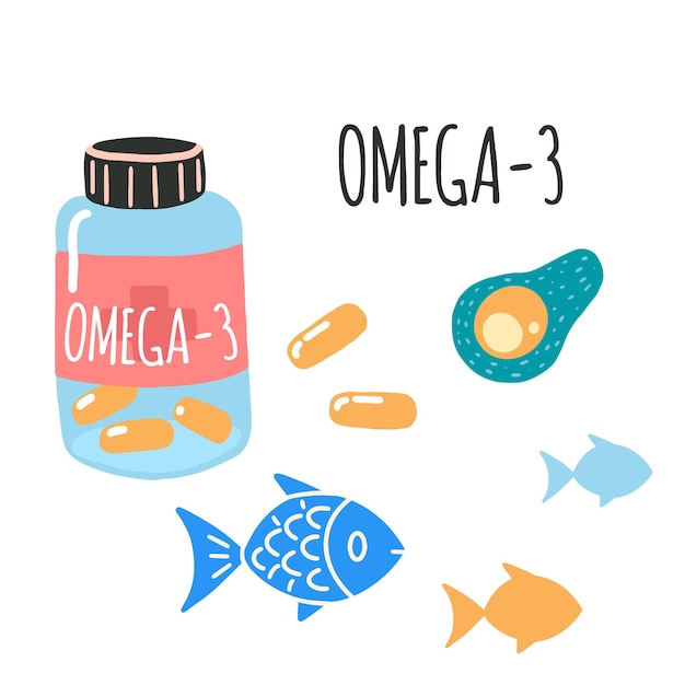 Vector omega3 jar with pills fish avocado flat cartoon vector illustration hand drawn style isolated on white positive health beauty and wellness concept