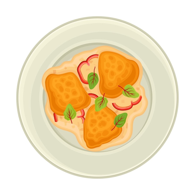Vector omelet met broodstukken en groenten op het bord top view vector illustratie