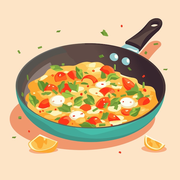 Vector omelette scrambled eggs as tasty dishes with egg ingredient served in frying pan vector illustration