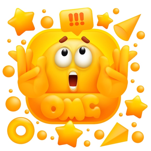 Vector omg web sticker. geel emoji-teken in 3d-cartoonstijl.