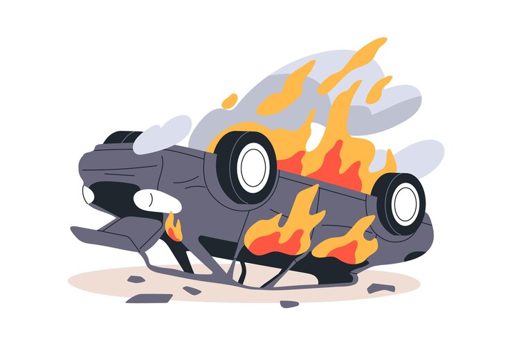 Vector omgekeerde auto in brand beschadigde auto in brand na ongeluk of botsing noodsituatie met vervoersvoertuig in vlammen auto-ongeluk vlakke vectorillustratie geïsoleerd op witte achtergrond