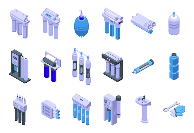 Omgekeerde osmose systeempictogrammen instellen isometrische vector Aqua filter