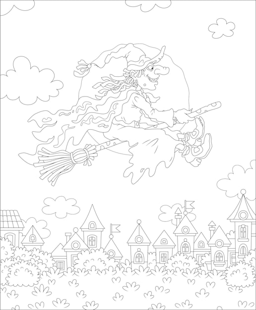 Vector ominous halloween witch flying on her magic broom over a small town on a moonlit night