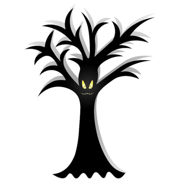 Ominous tree. The mouth is sewn up. Silhouette. Angry facial expression. Curved branches.