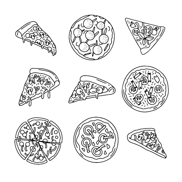 Omtrek tekenen pizza plakjes, hele pizza. Vector lijn eenvoudige Doodle stijl