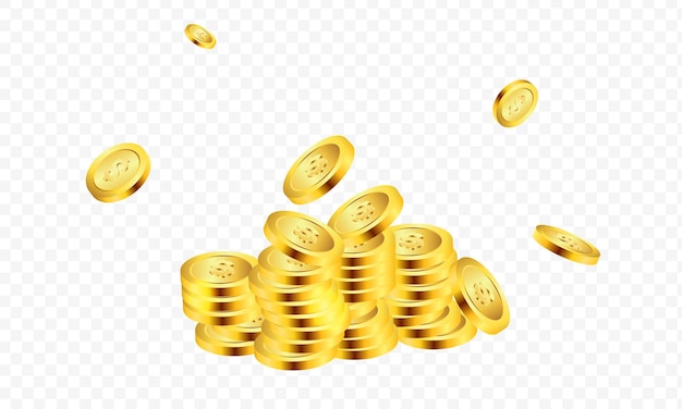 На прозрачном фоне куча золотых монет с золотыми монетами, падающими сверху вектор искусства