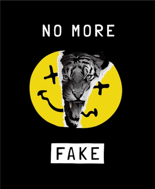黒の背景に引き裂かれた黄色の顔で虎の顔を持つより多くの偽のスローガンについて
