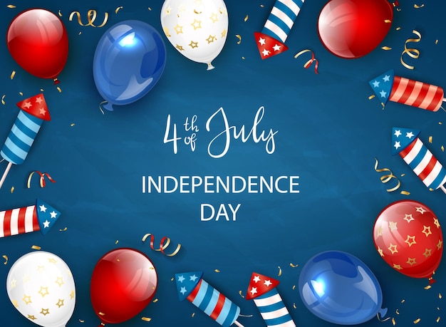 Onafhankelijkheidsdag blauwe achtergrond en belettering 4 juli met ballonnen en raketvuurwerk onafhankelijkheidsdag thema illustratie kan worden gebruikt voor vakantie ontwerp kaarten posters banners