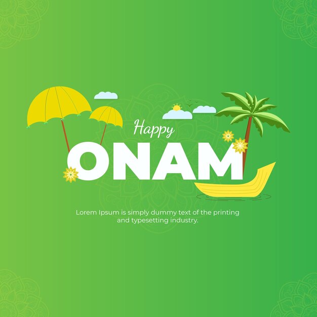 Vettore fondo dell'illustrazione di festival di onam con la barca e l'albero di cocco