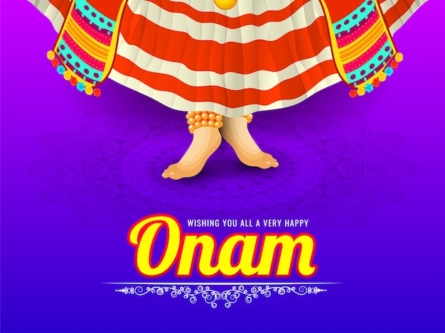 Onam festival message card or poster design with illustration of kathakali or classical dancer on floral pattern background.