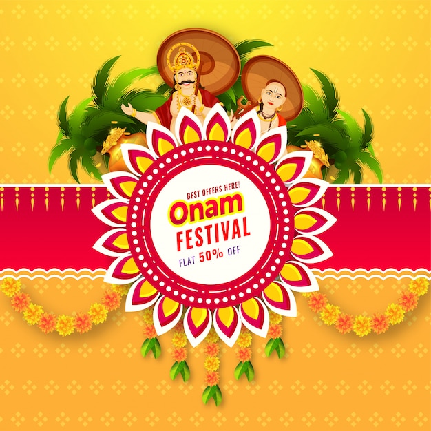 Onam Festival Sale poster or template design with 50% discount offer