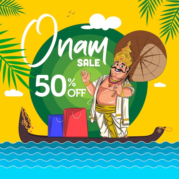 Vector onam sale template illustration of king mahabali stading in boat also called as aranmula boat with