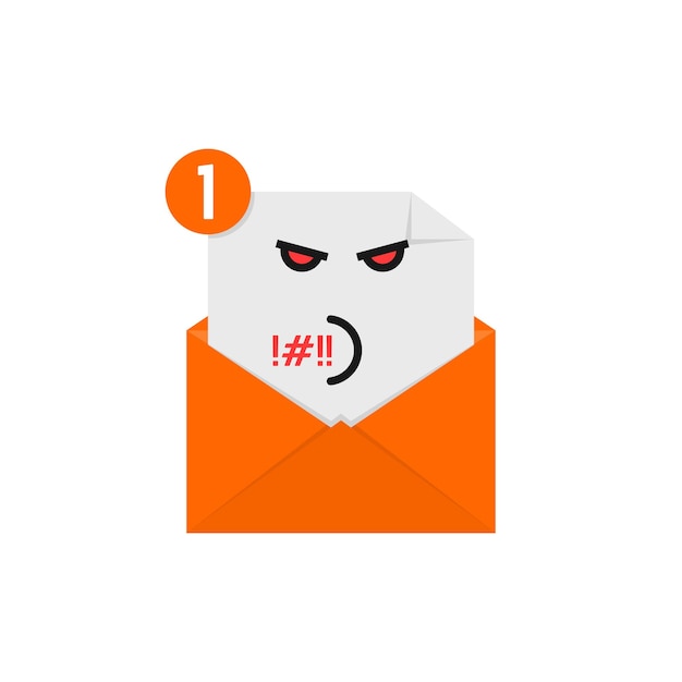 Onbeleefde emoji in oranje briefmelding. concept van nieuwsbrief, spam, negatieve e-mail, stemming, communicatie, belediging, ruzie, woedend. vlakke stijl trend modern logo grafisch ontwerp op witte achtergrond