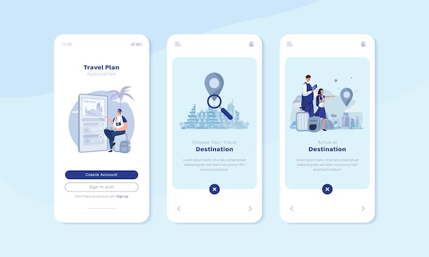 Vector onboard mobile screen with traveling app illustration concept