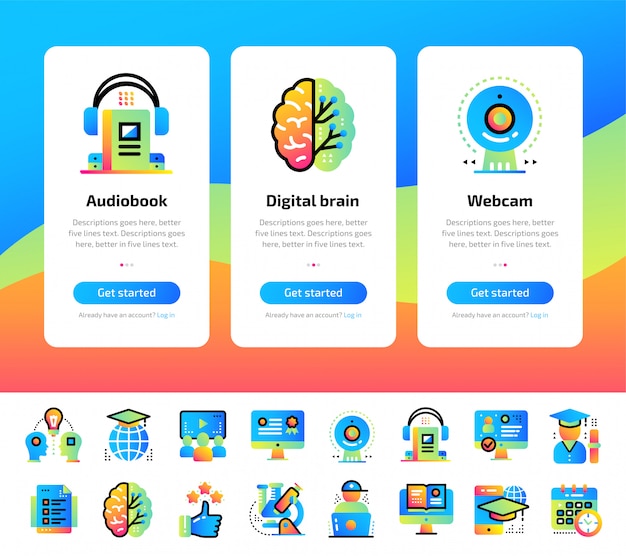 Vector onboarding-app-schermen met illustraties voor onderwijs en e-learning.