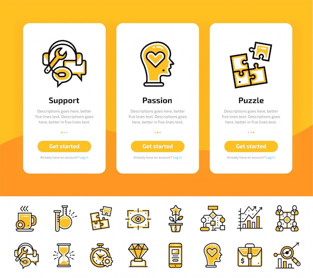 Vector onboarding app-schermen van opstarten bedrijf icon set