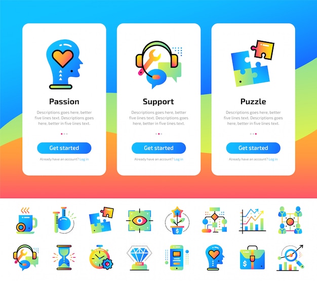 Vector onboarding app-schermen van startende bedrijfsillustraties ingesteld.