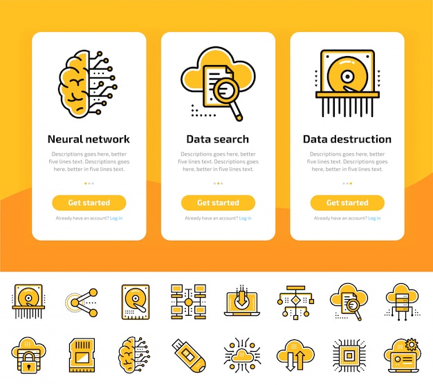 データコンピューティング、インターネット技術、データ保護のアイコンセットのオンボーディングアプリ画面