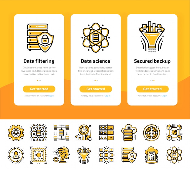 Vector onboarding app screens of data science technology and machine learning process icon set